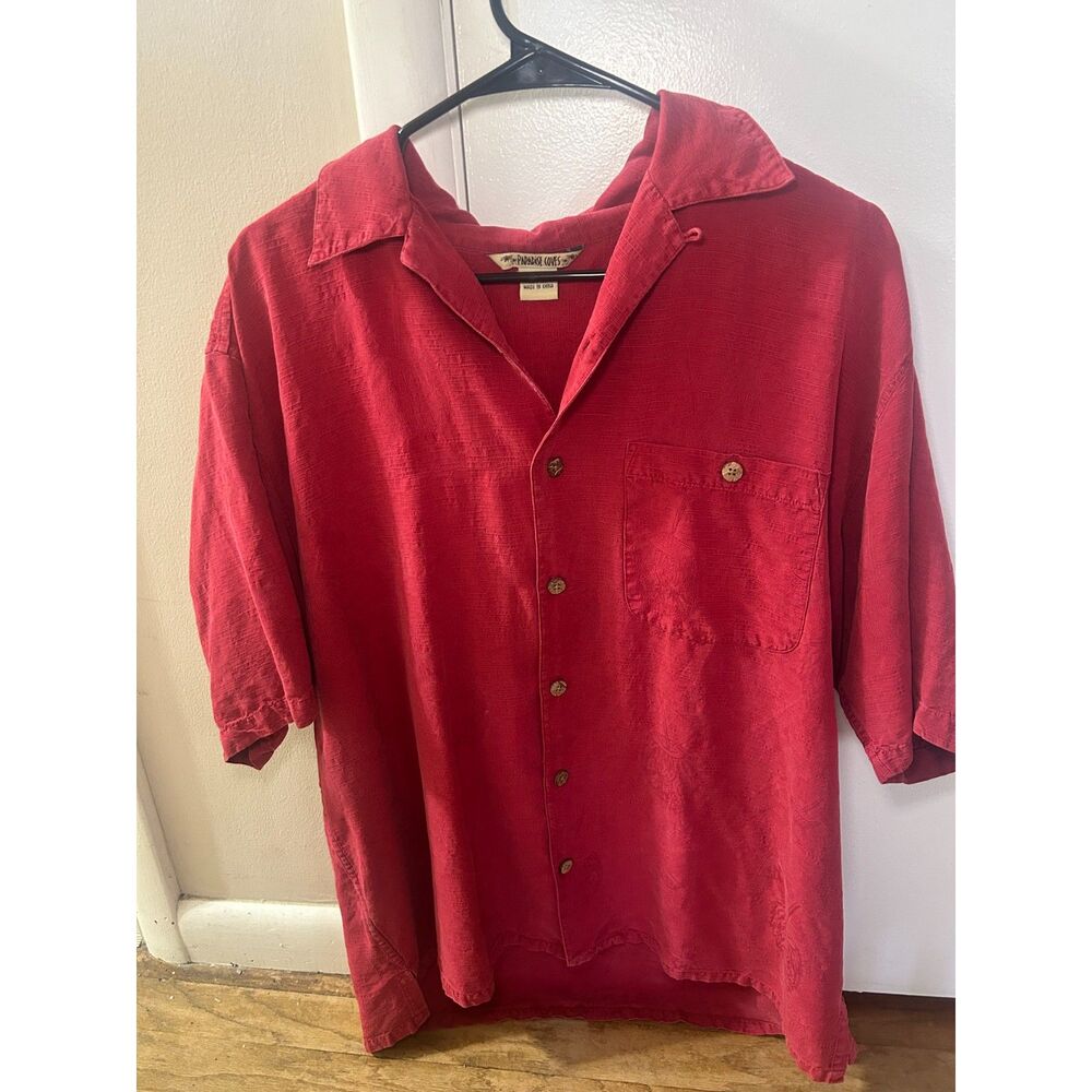 Vintage Paradise Coves Red Silk Button Up Shirt Mens L Tropical Textured Island